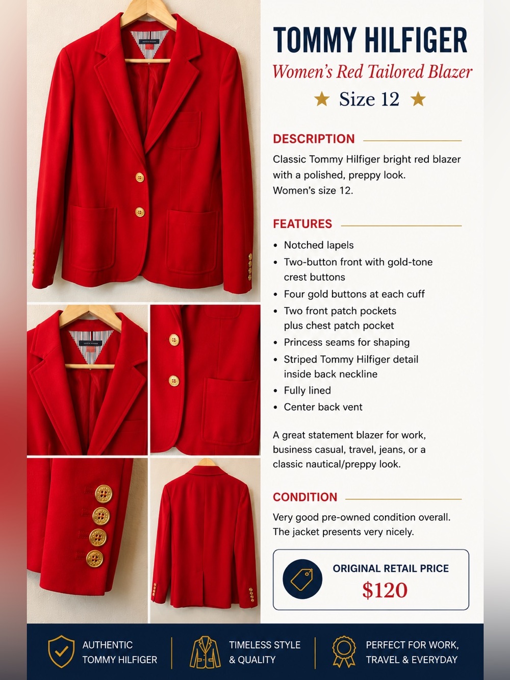 Tommy Hilfiger Wolen’s Red Tailored Blazer Size 12 Gold Crest Buttons Patch Pock